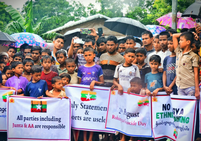 Rohingya protesting in Bangladesh refugee camps on Rohingya Genocide Remembrance Day.